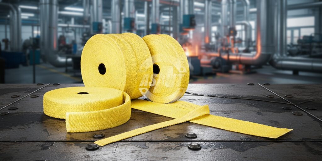 FA 43® Asalit: fita de aramida antichamas, livre de amianto, ideal para isolamento térmico em ambientes industriais severos.